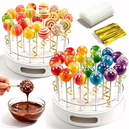 Sinofort 2 Stück Cake Pop Ständer, 22 Löcher Transparent Acryl Lollipop-Halter mit 100 Cake Pop Stiele und 100 Twist Krawatten, Lolly Ständer Candy Bar für Hochzeit Geburtstag Party Deko