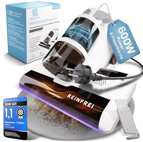 Reinfrei Milbensauger für Matratzen – 600W Matratzensauger gegen Hausstaubmilben – Matratzensauger Milben mit Heißluft, Ultraschall & Vibration – Bett Staubsauger mit Zwei Bürsten & 5m Kabel