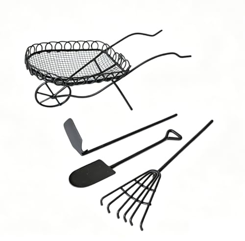 KARLOR Set da giardino in miniatura in metallo, 4 pezzi, carriola decorativa con pala, rastrello e zappa, carriola in filo metallico, accessori da giardino, mini attrezzi da giardino, ornamenti in