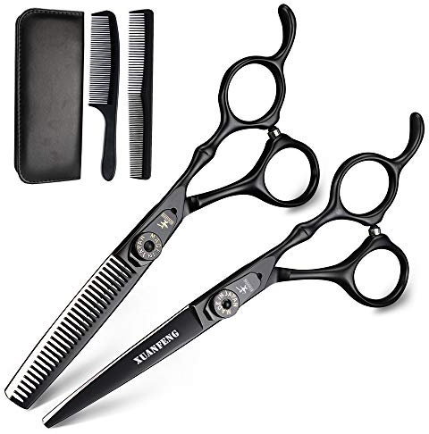 XUAN FENG Pro Friseurschere 6 Zoll japanische 440C Stahl-Ausdünnungs- und Schneidschere Set Friseur-Haarschere (Kit, schwarz)