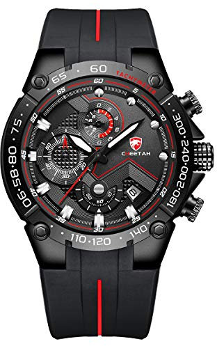 Affute Mens Watches Sports Waterproof Chronograph Watch with Silicone Strap, Date, Luminous Quartz Wristwatch (Black red)