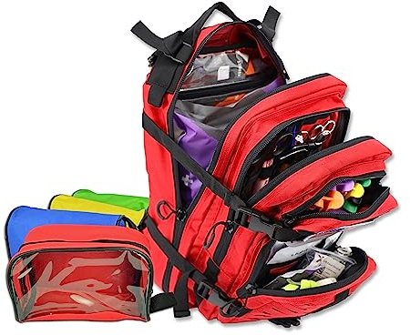 Lightning X Stocked EMS/EMT Trauma & Bleeding First Aid Responder Medical Backpack + Kit + Pouches - RED