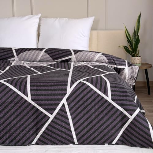 Euromat Tagesdecke Steppdecke Bettüberwurf Gesteppte Tagesdecke mit 2 Kissenbezüge 40x40 cm- (Violett Schwarz Weiß- SY-3066, 180x220 cm)