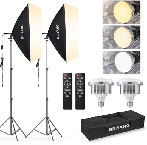 BEIYANG Softbox Lighting Kit, 2x20''x28'' Photography Soft Box with 2 pcs 85W 6000K E27 LED Socket LED Bulbs, Studio Lights for Photography/Video Recording/Live Streaming