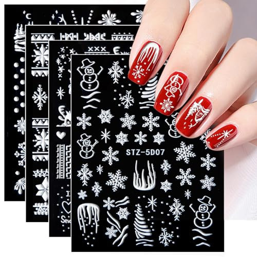 4 Blatt Weihnachten Nagelsticker Selbstklebend Nagelaufkleber, 5D Schneeflocken Aufkleber Nagel Kunst Abziehbilder für Frauen Mädchen DIY Nagel Art Dekorationen