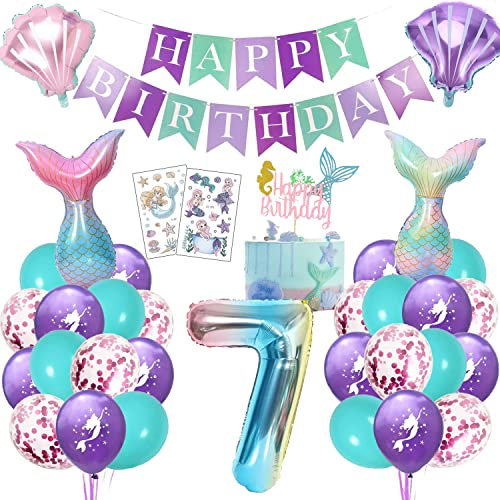 Meerjungfrau Geburtstag Deko 7 Jahre, Kindergeburtstag Luftballon Mädchen, Meerjungfrauen Thema Party Set mit Folienballon, Happy Birthday Girlande, Cake Topper und Tattoos