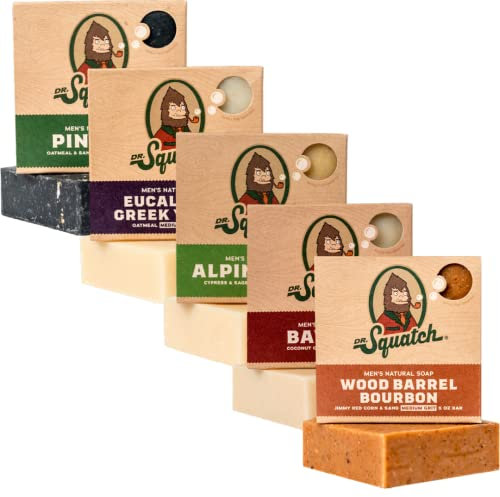 Dr. Squatch All Natural Soap Bar for Men, 5 Bar Variety Pack - Alpine Sage, Bay Rum, Pine Tar, Eucalyptus Greek Yogurt, Wood Barrel Bourbon