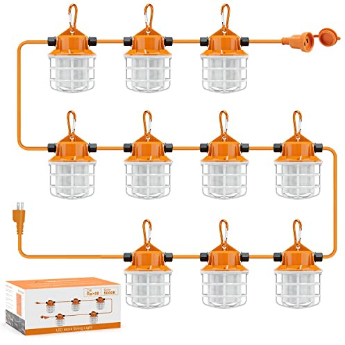 NS 100FT Construction String Lights 150W LED Industrial Grade 15000LM 5000K IP65 Linkable for Construction Sites, Temporary Work, Renovation, Jobsite,All Outdoor Lighting, with 10 Bulbs and Hook