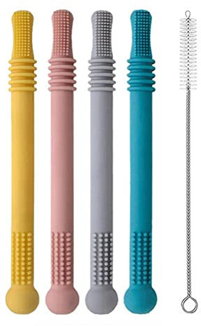 Beißring Baby, 4 Stück Beißröhrchen Baby, Silikon, BPA-frei beissröhrchen baby, Kleinkinder Weiches Zahn Spielzeug Sicher Kauen Molaren Sensorisch Spielzeug mit 1 Stück Reinigungsbürste