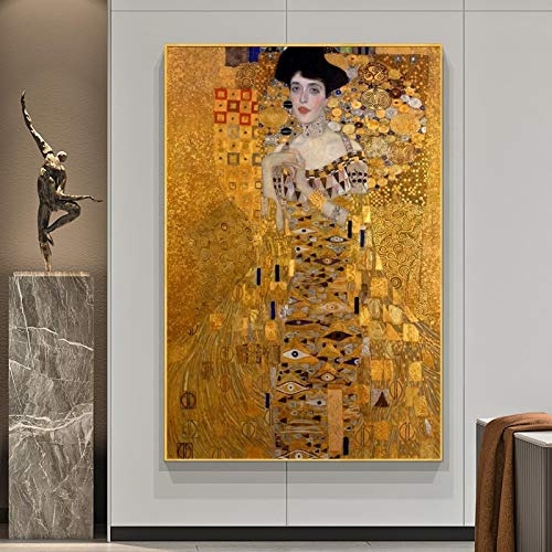 Jianghu Art Berühmtes Porträt von Adele Bloch von Gustav Klimt Öl auf Leinwand Gemälde Goldrahmen Poster und Drucke Wandkunst Bilder 40 x 70 cm (16 x 28 Zoll) mit Rahmen