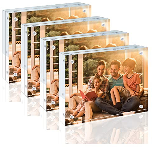 EGOFINE Lot de 4 cadres photo en acrylique de 18 x 13 cm, 20 mm d'épaisseur, sans cadre transparent flottant, double face magnétique, bureau autoportant