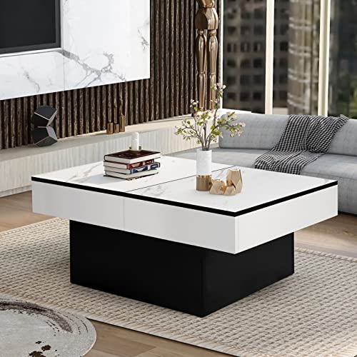 VOWNER Couchtisch, Moderner Couchtisch, Ausziehbarer Schreibtisch, Wohnzimmertisch mit 2 Stauräume, Hochglanz-Finish, Wohnzimmer Tisch 129 x 58 x 40 cm(Weiße Marmorierung)