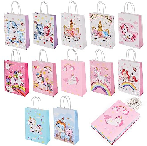 Flintronic 12 Stück Papiertüten, Geschenktüten Kindergeburtstage, Einhorn Papiertüten Papier Tüten, 21cm * 15cm * 8cm Candy Tüten, Verpacken von Geschenken, Hochzeit, Party