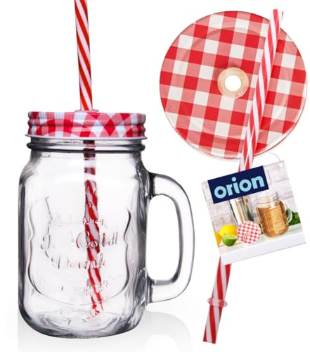 orion group Bicchiere in vetro con coperchio e cannuccia, 450 ml