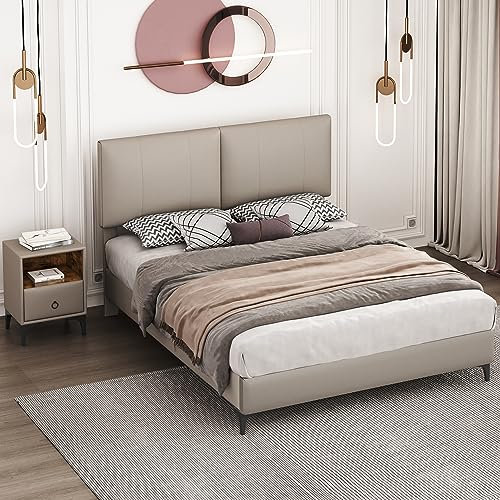 Schlafzimmer Set, Modernes Design Doppelbett + 1x Nachttisch, Polsterbett mit Knöpfen und Rautenmuster, Nachttisch mit Einer Schublade, Komplettschlafzimmer, PU, Hellgrau (140x200cm)