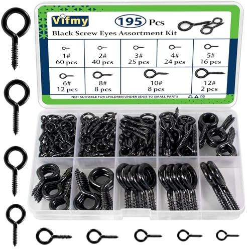 Vifmy Ösenschrauben-Sortiment (195-Stück), 19,5 mm, 20,3 mm, 2,3 mm, 2,8 mm, 3,0 mm, 3,5 mm, 4,9 mm, 4,4 mm, 5,4 mm, schwarz