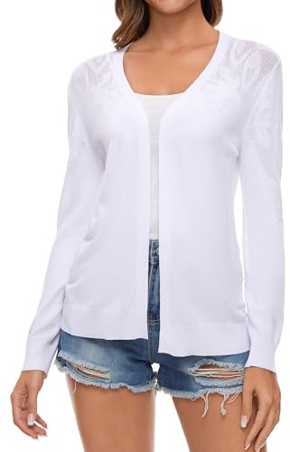 Famrrifuu Cardigan Donna in Maglia Cotone Leggero Maniche Lunghe Aperto Giacca Elegante Casual Cardigan,Bianco,S