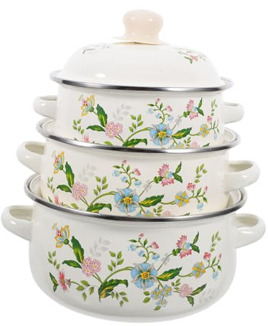 HOLIDYOYO Marmite En Émail Avec Couvercle 3 Pièces Ensemble De Marmites En Émail Rétro À Fleurs À Soupe Vintage Casserole Antiadhésive À Ragoût Sans Danger Pour Les