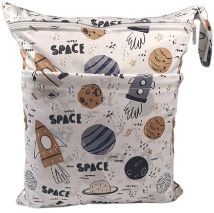 Hrlace Wetbag Kindergarten Windeltasche Wasserdicht Cartoon Tierdruck Windeln Tasche Stoffwindeln Nasstaschen mit Reißverschluss Wiederverwendbare Wet Dry Bag für Unterwegs Reise Weltraum