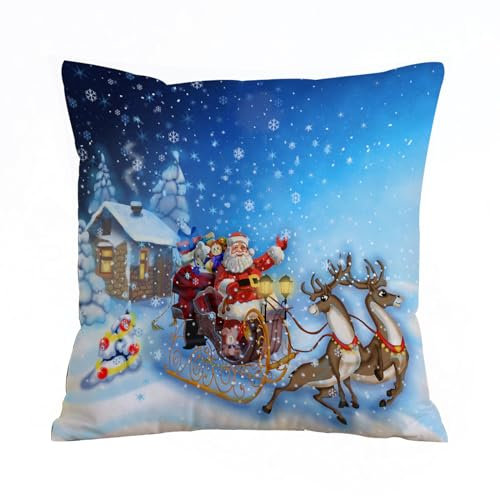 AELKSP Kissenbezug Kissenhülle Haus Dekorativ Für Jungen/Mädchen Wohnzimmer Schlafzimmer Sofa Stuhl Kissenbezüge,Weihnachts-Weihnachtsmann-Schlitten mit Rentier und Spielzeug in schneebedeck,50x50 cm