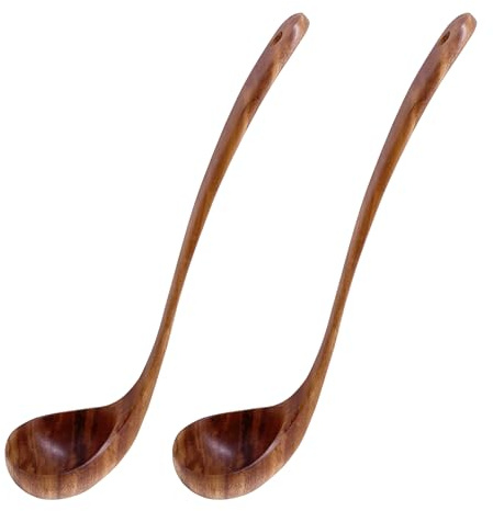 UPTALY 2 Stück Teakholz Schöpflöffel mit langem Griff (34 cm x 8 cm), groß, handgefertigt, für tiefen Topf, hohe Gefäße, große Suppentöpfe, japanischer minimalistischer Kochlöffel, zum Servieren von