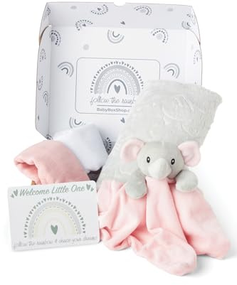 Baby Box Shop - 5 Articoli Essenziali per Neonati Ideali come Regali per Baby Shower e Battesimo per Ragazze, Piumino per Bambini con Elefante, Coperta in Pile, 2 Panni in Mussola