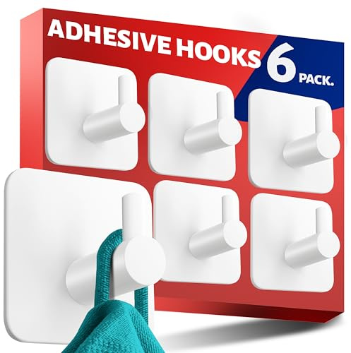 Menz Self Adhesive Hooks, Set of 6 – White Stick on Hooks Waterproof, Strong Sticky for Hanging Towels and Bathrobes in Bathroom, Tea Towel Holder, White