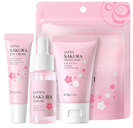 Sakura Travel Skincare Set for Teenage Girls - Face Routine Valentines Gifts Set for Women, 3 Piece Gentle Skin Cleaning & Care Travel Size Kit with Serum, Face Cream, Eye Cream