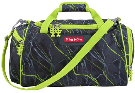 Step by Step Sporttasche „Danger Cat Chiko“, grau/grün, mit Nasswäschefach, Abnehmbarer Tragegurt, Verstellbarer Schultergurt, für Jungen 1. Klasse, 13L
