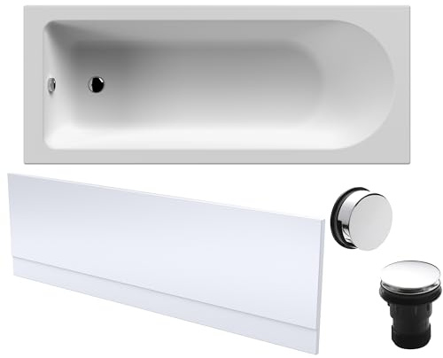 Balterley 1700 x 700mm Round Shower Bath with Leg Set, Chrome Waste & Front Bath Panel, Straight Single Ended Gloss White Soaking Bathtubs, Acrylic Baths for Bathrooms, Rectangular Soaking Bathtub