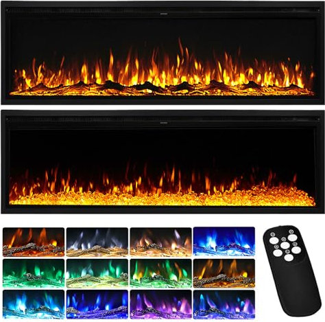 INMOZATA Electric Fire 60inch/152cm Wall Mounted/Recessed/Freestanding Electric Fireplace with Remote Control, 12 Colour Flame Effect Media Wall Fireplace, Crystal & Log Set, 900W&1800W(60/152cm)