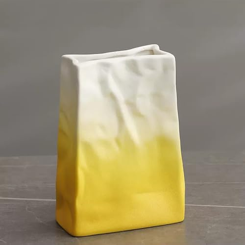 Cutfouwe Keramik Papiertüte Vase für frische Blume, Matte Gradienten Blumenvase mit breitem Mund Moderne Dekoration Arrangement Tisch Mittelstück Home Decor,Gelb,L