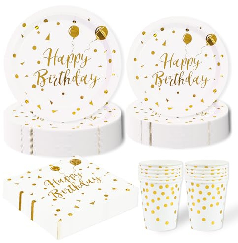 96 Stück Geburtstag Party Geschirr Set,Happy Birthday Weiß Gold Geburtstag Party Geschirr Becher Serviette Pappteller Set,für Mädchen Kinder Tischdekoration-24 Gäste