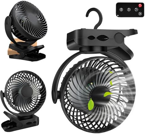 8000mAh Mini USB Ventilator Akku,Tischventilator mit Clip,3-Gang ventilator kinderwagen mit LED-Nachtlicht &Fernbedienung,360° Rotation, Aufladbar Batterie Portable Table Fan Mini Ventilator