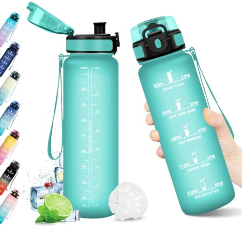 Gourde Sport 1L, Gourde sans BPA, Bouteille Réutilisable, Gourde avec Filtre et Marqueur de Temps, Bouteille Sport Étanche, Bouteille d'eau pour Adulte, Bureau, Fitness, Randonnée, Yoga, Camping