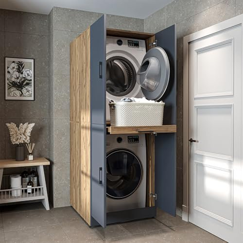 ROOMART Dora Armoire de machine à laver, pour sèche-linge et machine à laver, en 4 couleurs, avec portes et planche coulissante (chêne anthracite)