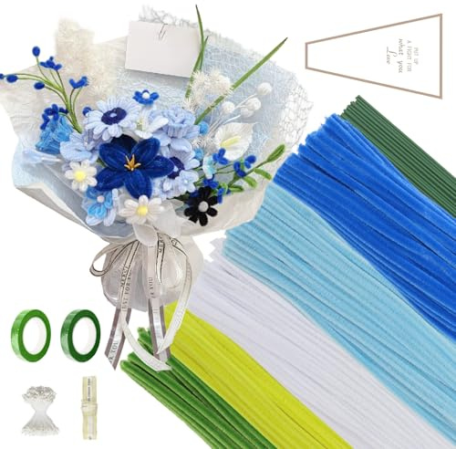 SJUNJIE 400 Piezas Limpiapipas Manualidades 5 Colores Limpiapipas Flores Tallos de Chenilla con Tallo Floral Artificial Estambres Cintas Adhesivas Cintas de Regalo Embalajes Pipe Cleaner