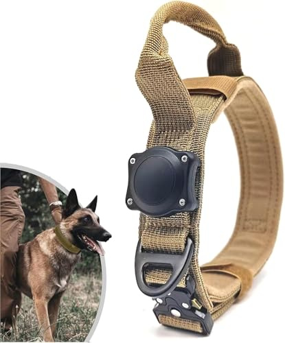 ZHHSUNY Air Tag Hundehalsband,Mit Air Tag Halterung,100% Wasserdicht,Mit GPS Halterung,Taktisches Hunde Halsband,Verstellbar Nylon Langlebig Griff Hundehalsband(Khaki,M)