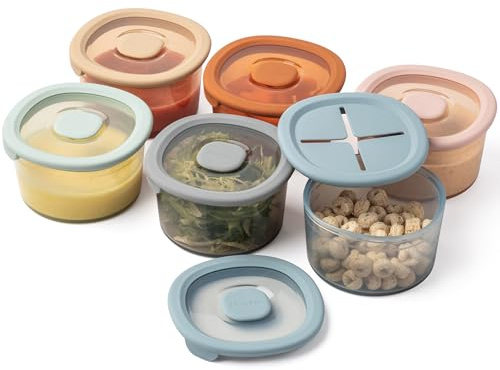Moonkie Petit Pot Conservation Bébé Silicone | Lot de 6 Pots Repas 8oz/240ml avec couvercles Snack | Double scellage hermétique | Gradués | Sans BPA | Passent au Lave-vaisselle & Micro-ondes