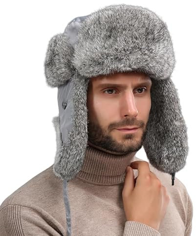 PXPLDYY Russische Mütze Wintermütze Für Herren, Russische Kunstpelz-Ohrenkappe, Warme Wintermütze Für Herren, Bombermütze, Baskenmütze, Trappermütze Zum Warmhalten, Grau, 59–60 cm