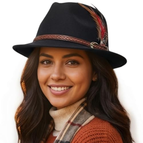 howkuhat Fedora Hat for Men Classic Winter Trilby Hat for Men Felt Jazz Hats for Men UK Short Brim Adjustable Fedora Hats for Women with Belt Feather (UK, Alpha, One Size, Black)