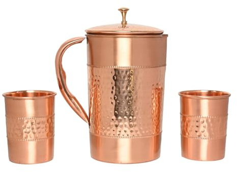 Carafe à eau en cuivre pur avec 2 gobelets en cuivre (martelé et motif uni) pour les bienfaits de la santé ayurvédique (avec verre droit)