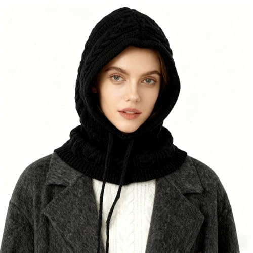 TAGVO Écharpe à Capuche Tricotée Femme, Bonnet Cache-Cou 2-en-1, Balaclava Douce Thermique pour Automne & Hiver