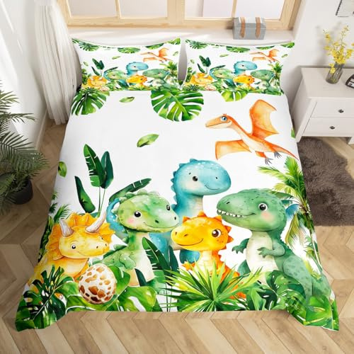 Cute Dino Duvet Cover Queen Size,Kawaii Dinosaur Cartoon Animal Polyester Reversible Bedding Set (Not Comforter),Watercolor Green Leaves Plant Comforter Cover for Bedroom, Zipper, Ties