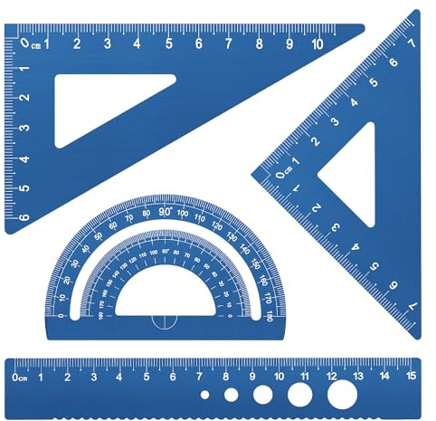 MSDADA 4 Stück Metall Lineal Set 15cm Kleines Lineal Winkelmesser Dreieck Mathematik Geometrie Set Skala Lineal Set für Schüler Lehrer Ingenieure und Zeichner(Blau)