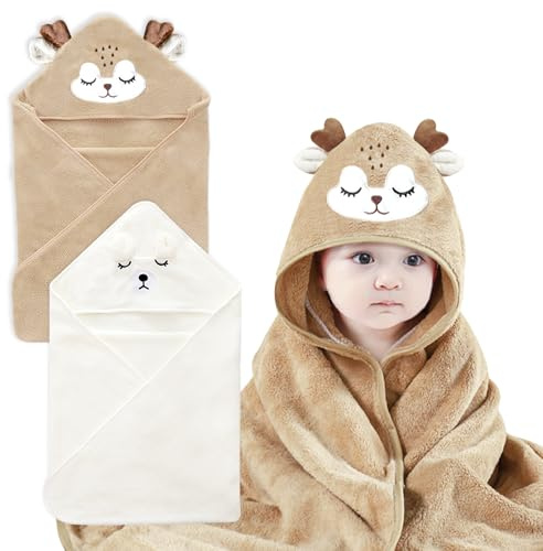 YJSDDNTY 2 asciugamani per bambini, con cappuccio, 80 x 80 cm, asciugamano con cappuccio, morbido, super assorbente, per neonati e bambini (marrone + orso bianco)