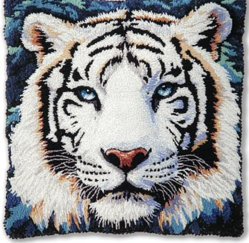 Taxpy Knüpfkissen-Set, 43 * 43 Cm, Diy Knüpfhaken, Weißer Tiger Kissenbezug, Teppich-Stickset, Häkel-Leinenmuster, Handarbeiten Für Kinder, Erwachsene Und Anfänger