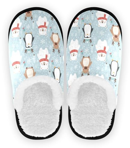 GuoChe Hemskor för män kvinnor luddig fleece halkfri gummisula mjuk hustofflor skor hem inomhus M, Vinterdjur jul sömlöst mönster, Large