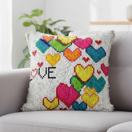 Xqzbmt Love Heart Cushion Latch Hook Cushion Kits for Adults Beginners, Pre-Printed Canvas DIY Embroidery Cushion Cover, 17x17in Rug Making Kit Home Sofa Valentine’s Festive Decor & Gift