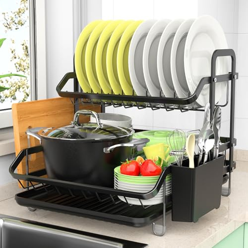 2 Niveles Escurridor de Platos, Estante de Escurreplatos Cocina Organizador con Soporte para Utensilios, Ahorra Espacio, Gran Organizador para Platos Tazones Escurridor de Fregadero Negro